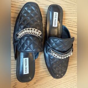 Steve Madden Black Quilted Mules with Silver Chain